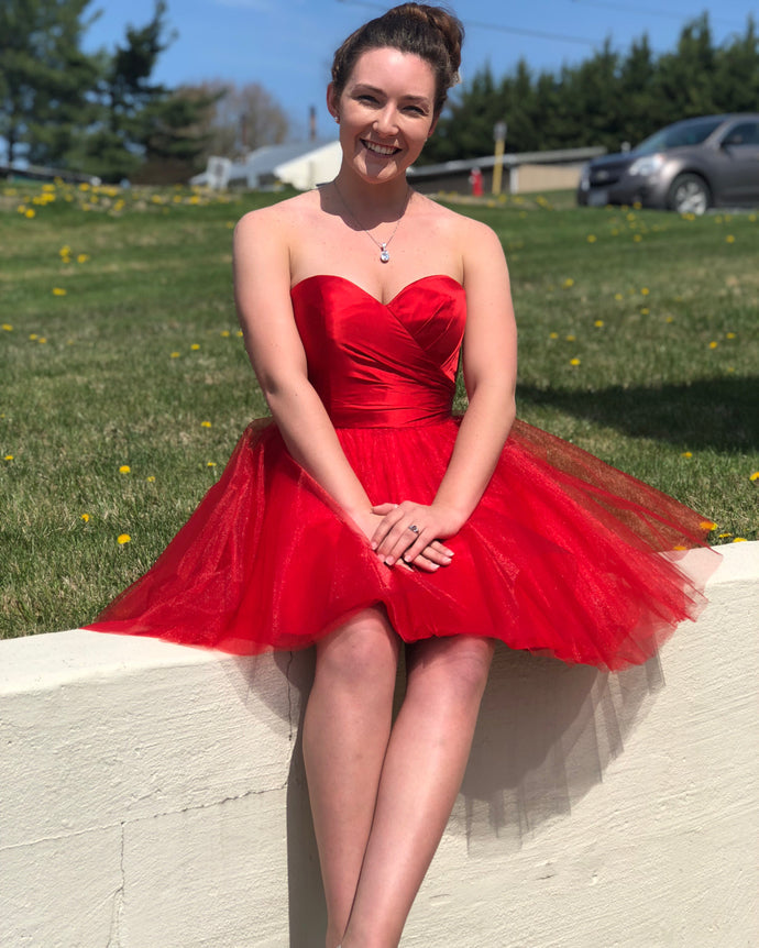 Ruched A Line Homecoming Dresses Marlie Strapless Red Sweetheart Tulle Pleated Sexy Short