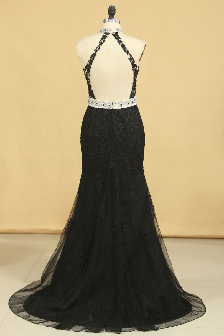 Black Plus Size Prom Dresses Mermaid High Neck Open Back Tulle With Applique & Rhinestones