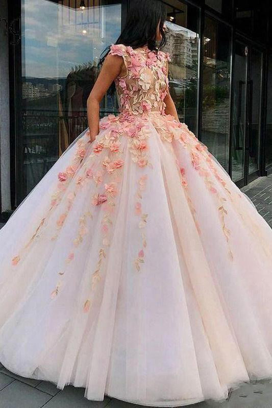 Princess Ball Gown Pink Tulle Prom Dresses with Handmade Flowers, Quinceanera SRS15658