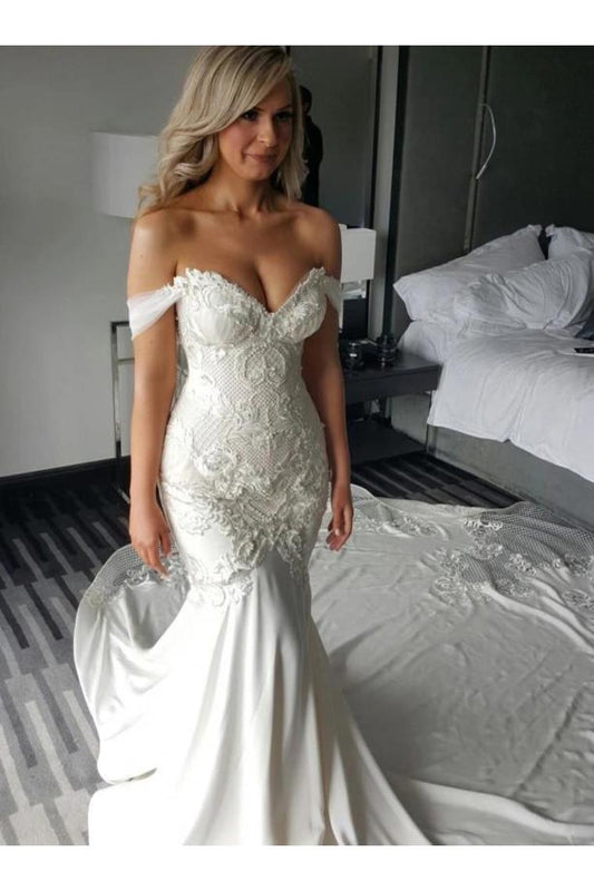 Off Shoulder Lace Appliques Mermaid Wedding Dress With SRSPARQXA2C