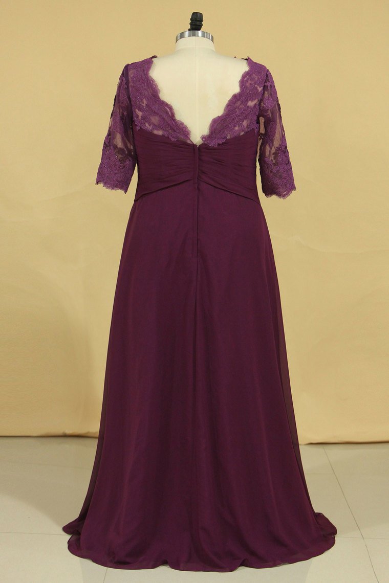 Plus Size Scoop V Back With Applique And Ruffles Chiffon Mother Of The Bride Dresses Grape