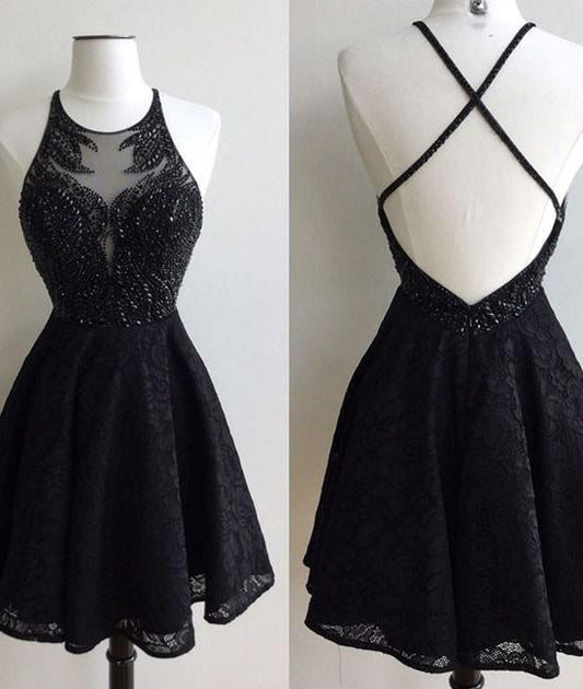 A-Line Jewel Backless Short Lace Homecoming Dresses Lilian Black 2024 With Beading