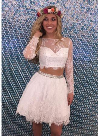 Two Piece Bateau Long Sleeves Lace Homecoming Dresses Brenna White Tulle 2024 With Beading