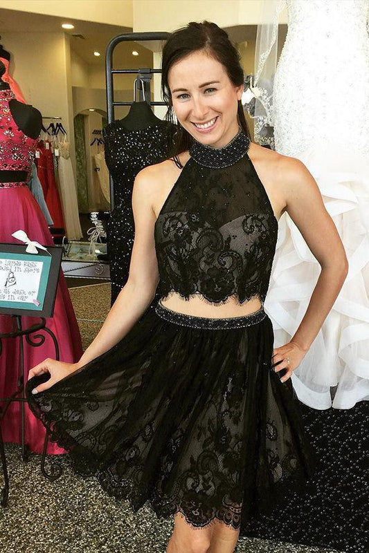 Two Piece High Neck Makenzie Homecoming Dresses Lace Beading Black 2024