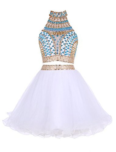 Two Piece High Neck White Tulle Shayna Homecoming Dresses Short 2024 With Beading Rhinestone