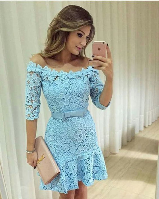 Sheath Off-The-Shoulder Above-Knee Blue Lace Homecoming Dresses Amani 2024 With Sashes