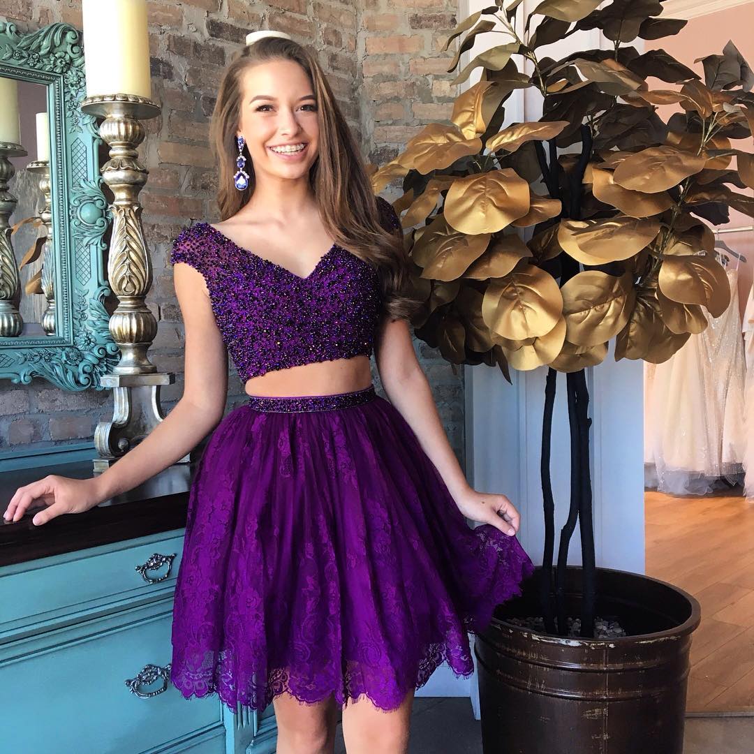 Two Piece V-Neck Beading Purple 2024 Lace Lila Homecoming Dresses With