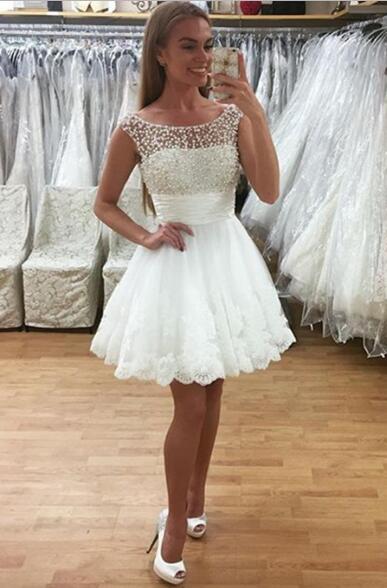 A-Line Crew Neck Short White 2024 With Meadow Homecoming Dresses Lace Beading