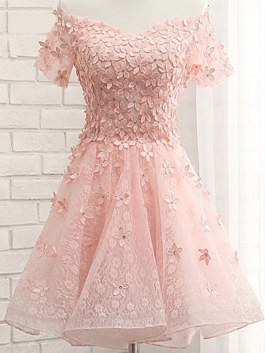 A-Line Lace Lacey Homecoming Dresses Off-The-Shoulder Appliques Short Coral 2024