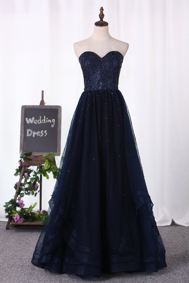 2024 A Line Sweetheart Beaded Bodice Tulle Floor Length  Prom Dresses