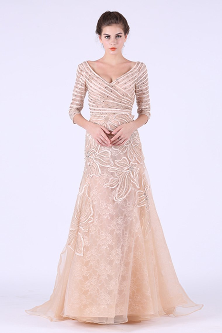 2024 New Arrival Prom Dresses V Neck 3/4 Length Sleeves Organza With Beads