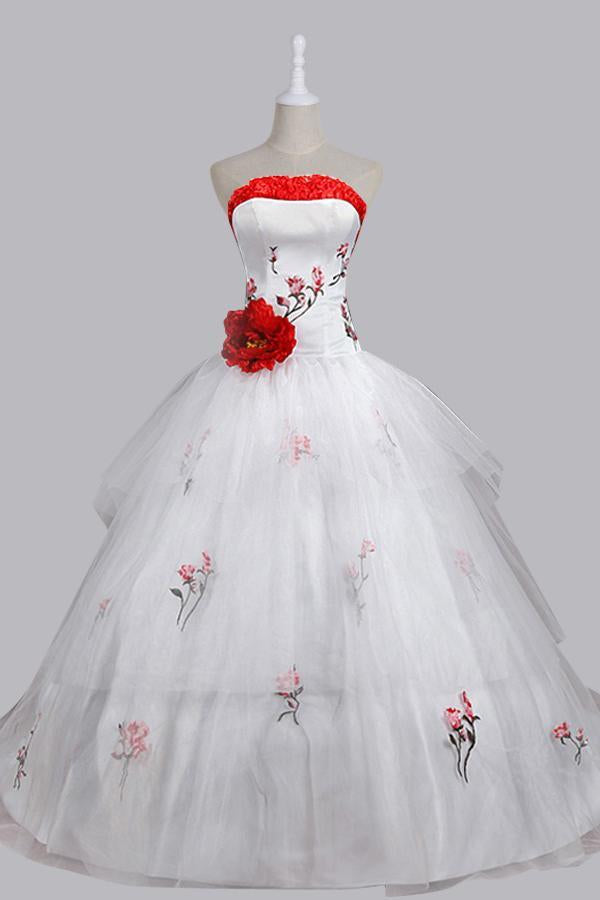 Stunning Ball Gown Strapless Wedding Dress with Embroidery Handmade Flower Lace-up