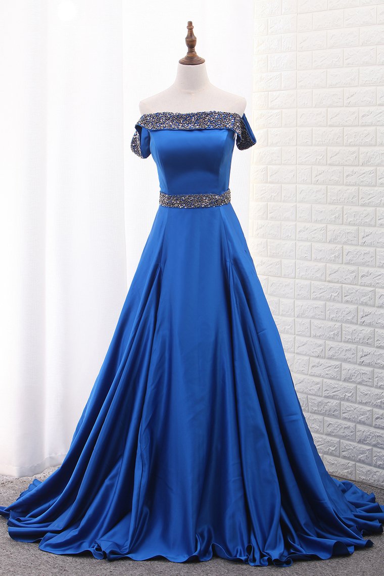 2024 A Line Prom Dresses Boat Neck Satin With Beads Sweep Train