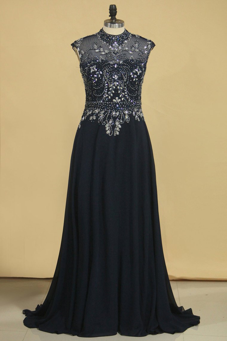 2024 A Line High Neck Beaded Bodice Prom Dresses Open Back Chiffon