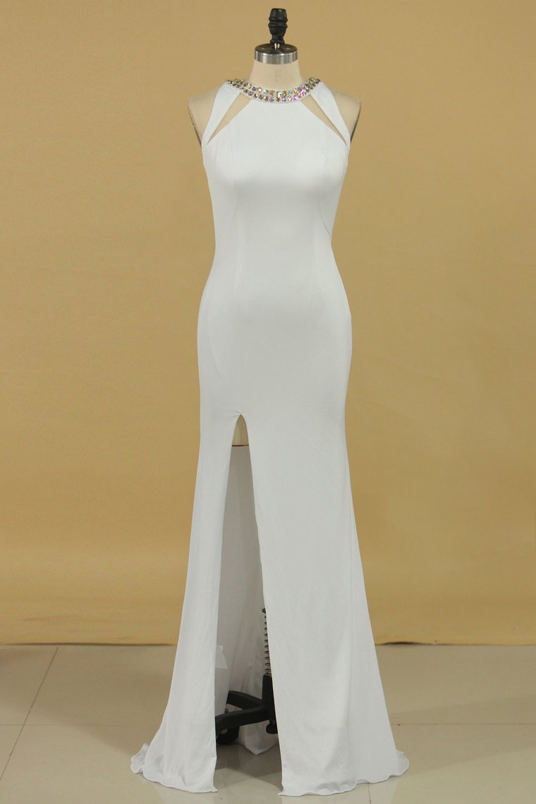 2024 New Arrival Scoop Open Back Prom Dresses With Beads And Slit Spandex Sheath