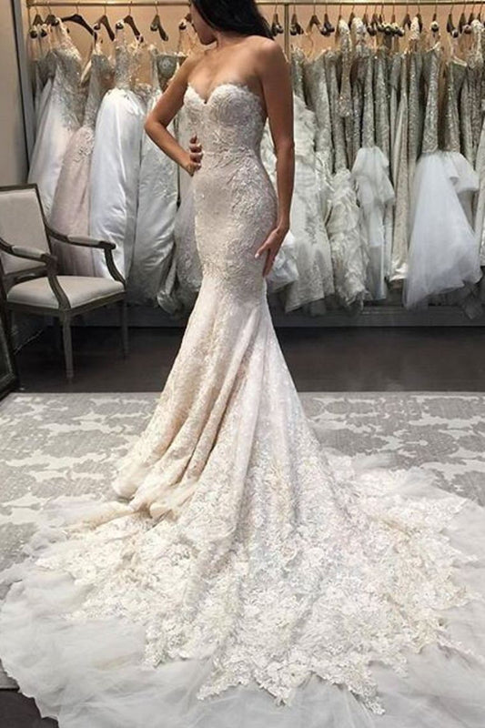 2024 Mermaid/Trumpet Sweetheart Tulle Wedding Dresses With Appliques Zipper Up