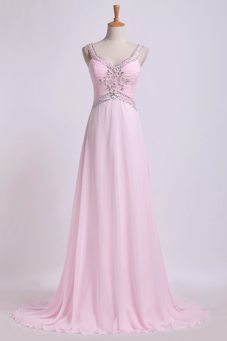 Open Back Prom Dresses Halter A Line Sweep Train Chiffon With Beads&Ruffles