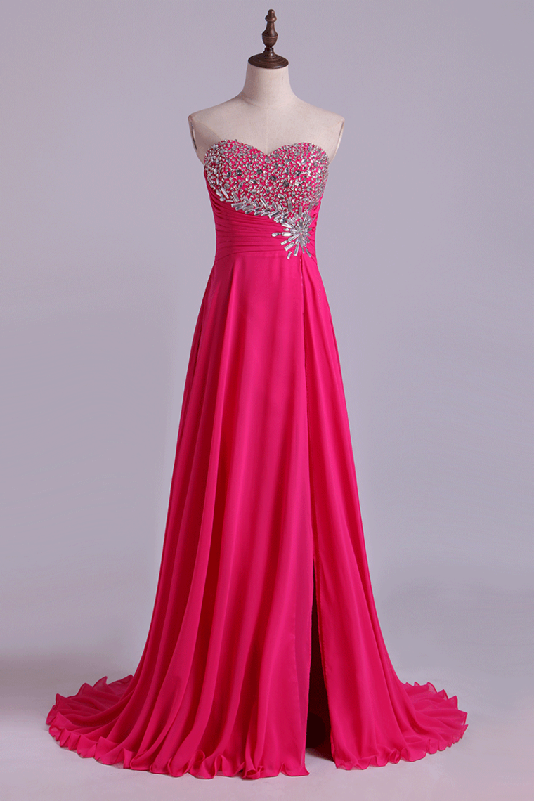 Sweetheart Beaded Bust Prom Dresses A-Line Sweep Train Chiffon