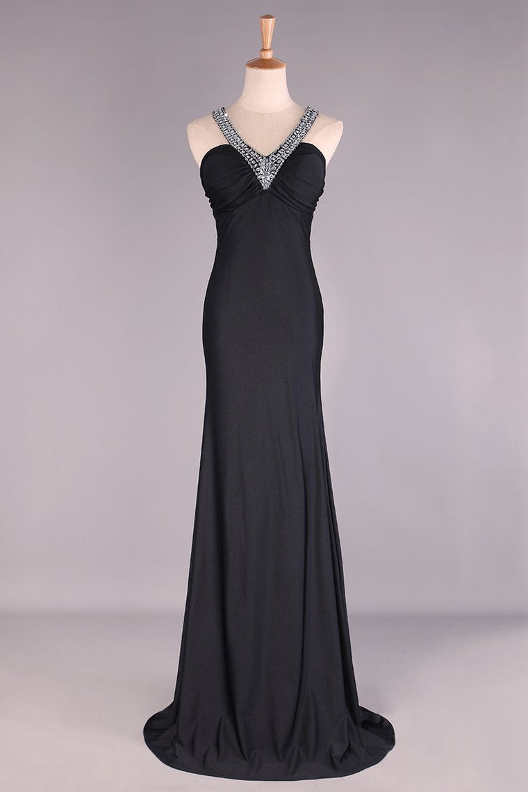 2024 Slim V Neck Prom Dress Sheath Floor Length Open Back Discount Price #2085