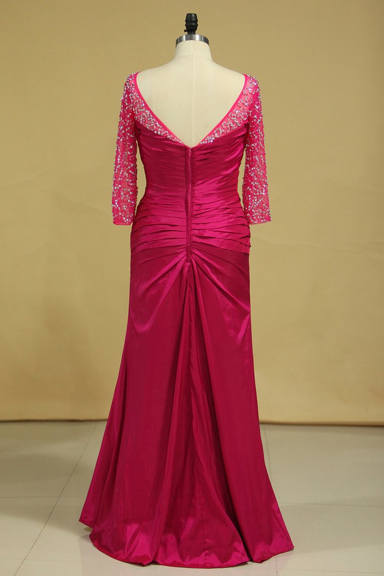 Plus Size Scoop Mother Of The Bride Dresses Long Sleeves Taffeta With Beads And Ruffles Fuchsia