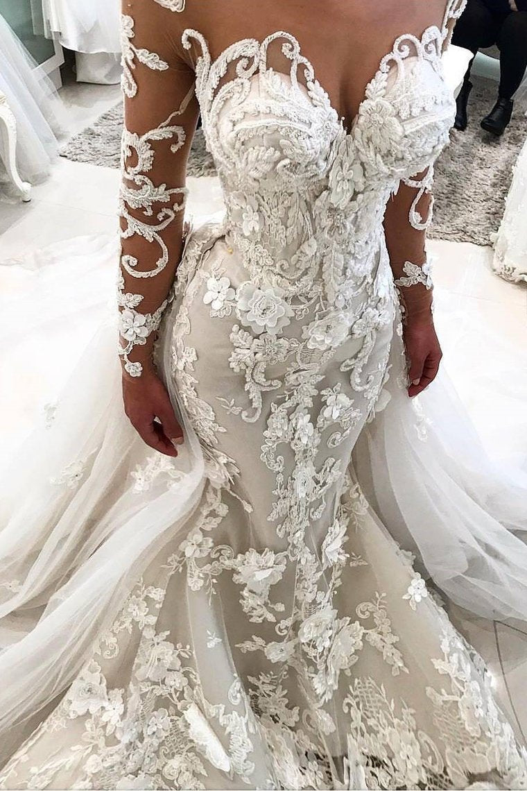 2024 Detachable Train Long Sleeves Scoop Mermaid Wedding Dresses With Applique Tulle