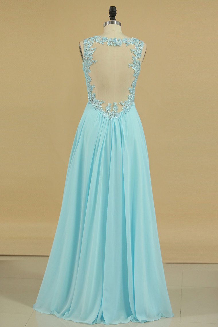 Plus Size V-Neck Prom Dresses A Line Floor Length With Ruffles & Applique Chiffon