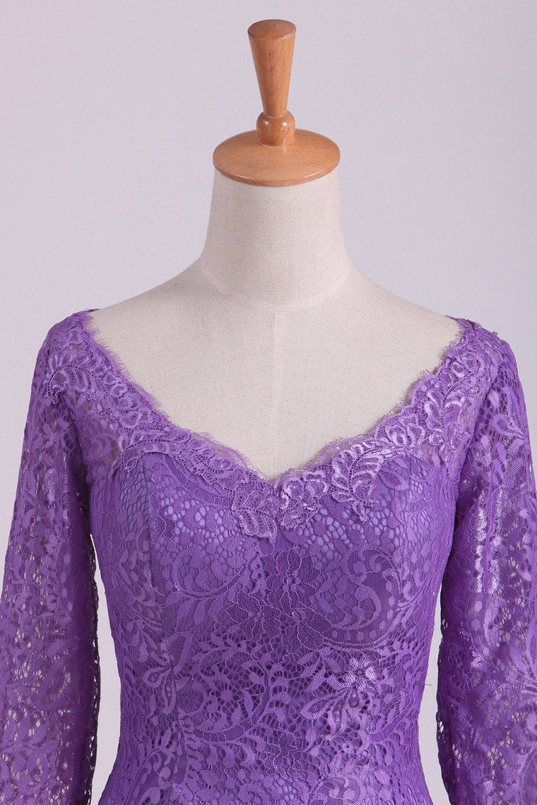 Purple Mother Of The Bride Dresses V Neck 3/4 Length Sleeve Mermaid Lace Floor Length