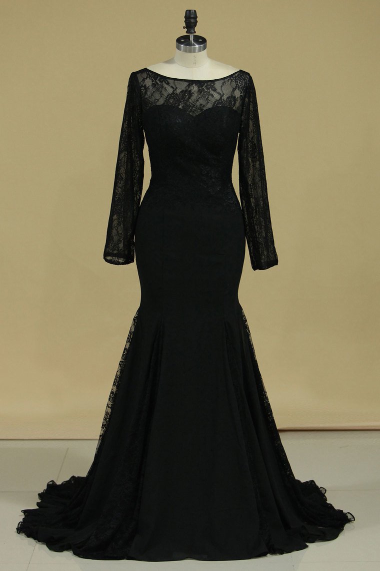 Black Sexy Open Back Long Sleeves Mother Of The Bride Dresses Mermaid Chiffon & Lace