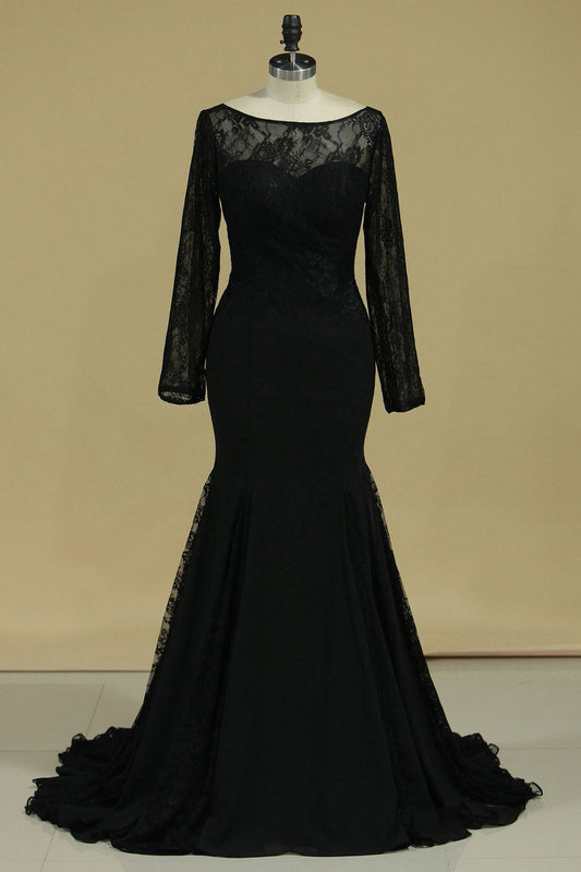 Black Sexy Open Back Long Sleeves Mother Of The Bride Dresses Mermaid Chiffon & Lace