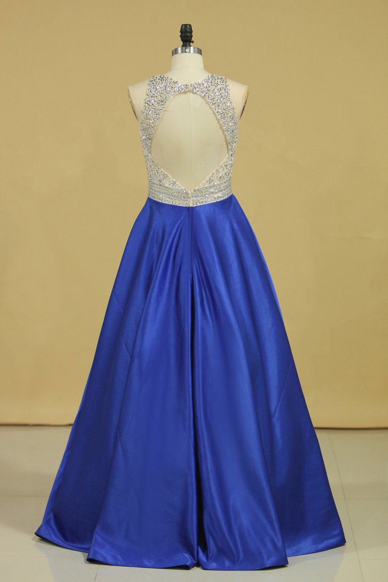 Royal Blue Scoop Open Back Beaded Bodice A Line Prom Dresses Satin & Tulle Plus Size