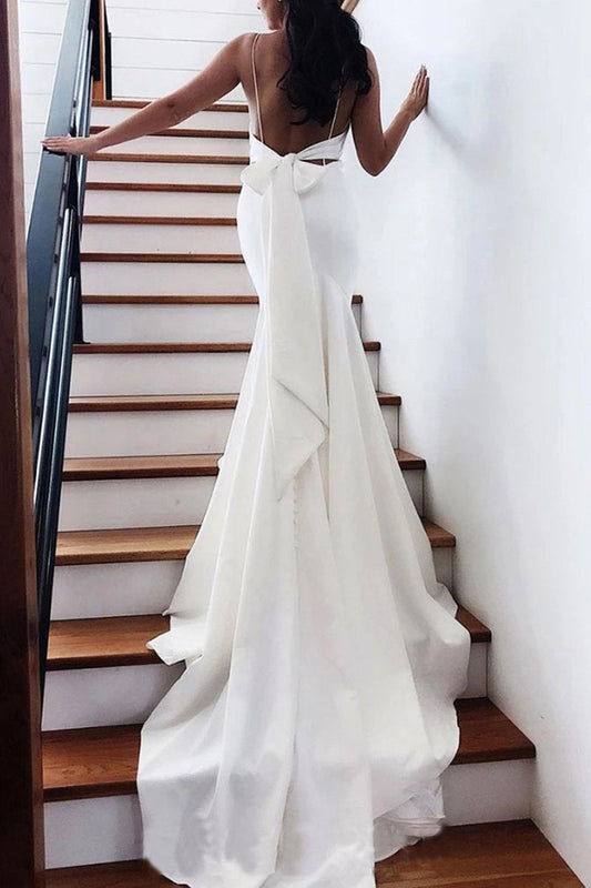 Princess Spaghetti Straps Backless V Neck Mermaid Wedding Dresses Bridal Dresses SRS15306