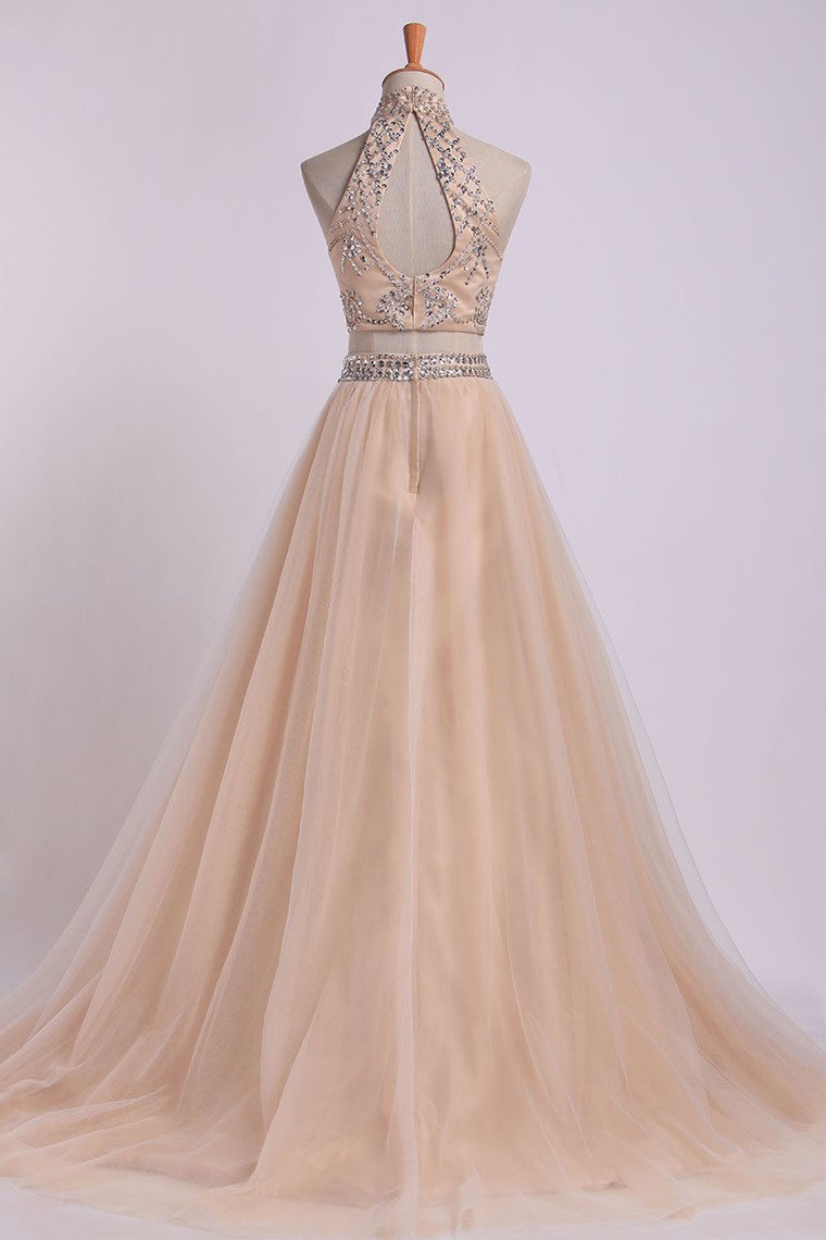 Two-Piece High Neck Prom Dresses A Line Tulle With Beading