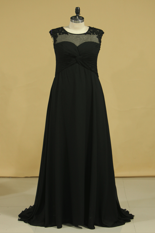 Plus Size Black Evening Dresses A Line Scoop Cap Sleeves Chiffon With Applique And Beads