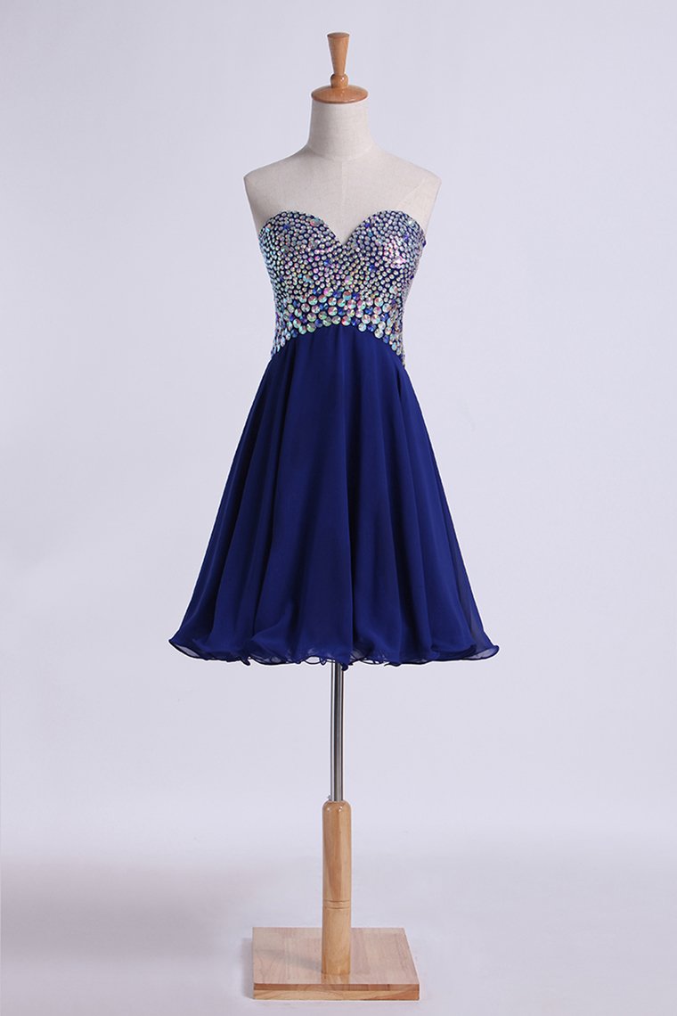 Homecoming Dress Dark Royal Blue Beaded Sweetheart Short/Mini A Line/Princess Chiffon