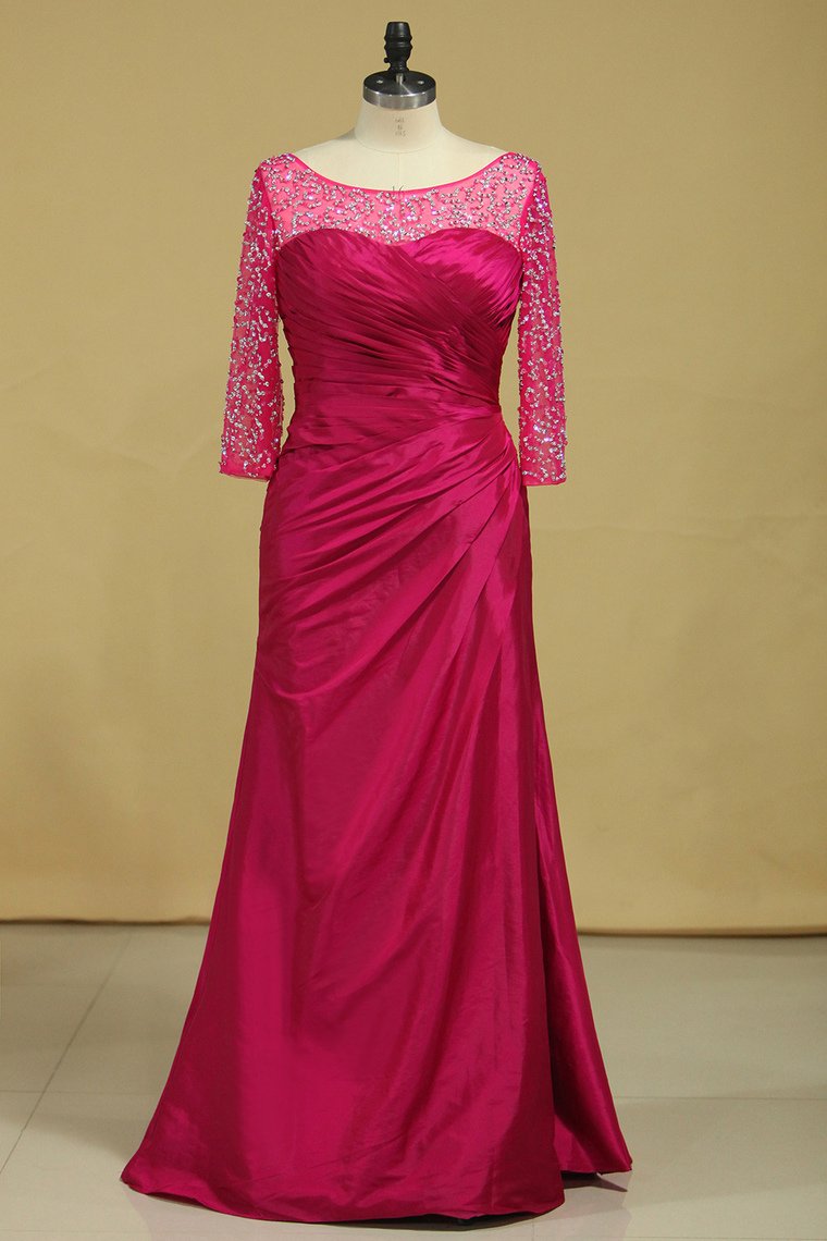 Plus Size Scoop Mother Of The Bride Dresses Long Sleeves Taffeta With Beads And Ruffles Fuchsia