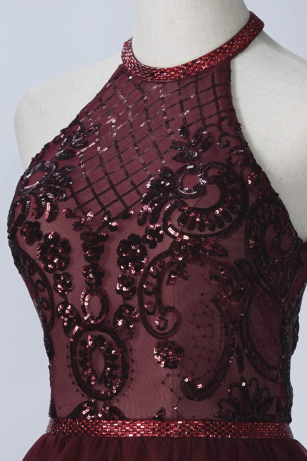 Burgundy Halter Sleeveless A Line Lace Tulle Short Homecoming Dresses