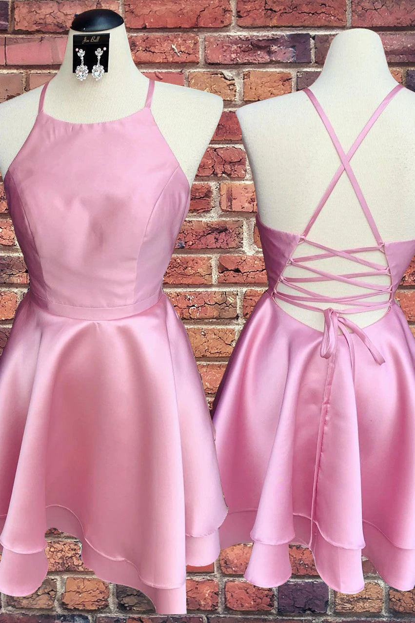 Candy Pink Spaghetti Straps Sleeveless Stain Short Prom Dresses, Homecoming Dresses