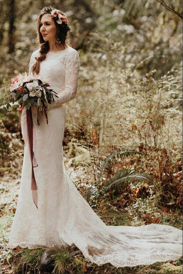 Beautiful Lace Mermaid Round Neck Long Sleeves Wedding Dresses