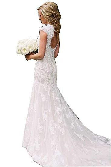 Sexy V Neck Back Hole Full Lace Mermaid Ivory Wedding Dresses Bridal Dresses