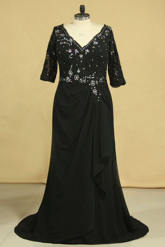 Plus Size Black V Neck Mother Of The Bride Dresses With Beads And Applique Chiffon