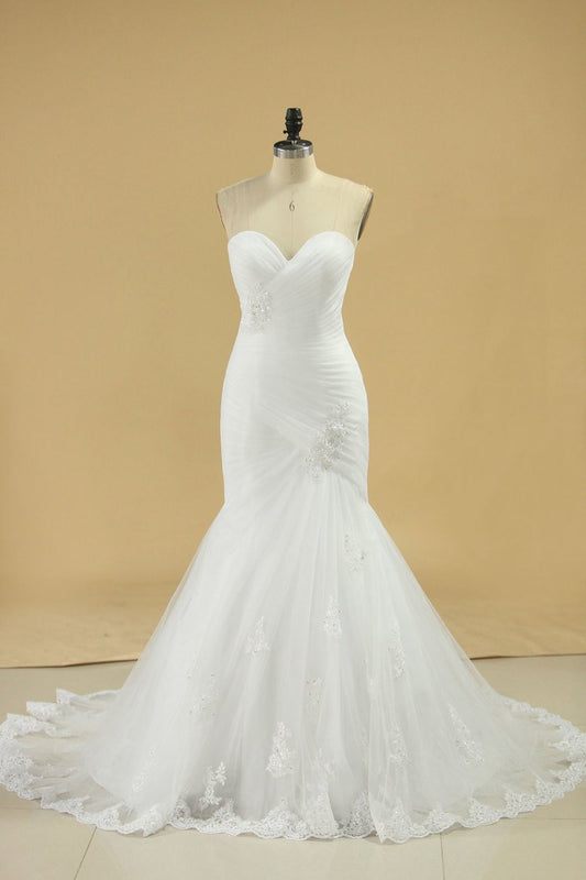 2024 Tulle Sweetheart Ruched Bodice Wedding Dresses With Applique Mermaid