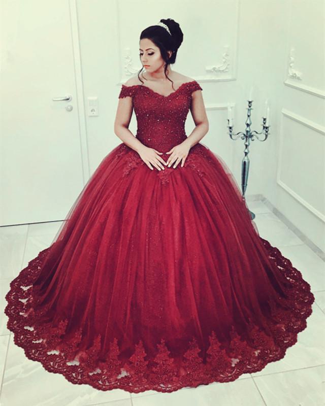 Beaded Lace V-neck Off Shoulder Tulle Ball Gowns Quinceanera Dresses,Formal Dress