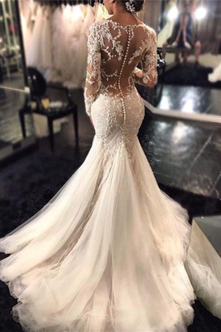 2024 V Neck Wedding Dresses Mermaid/Trumpet With Applique And Beads Sweep Train