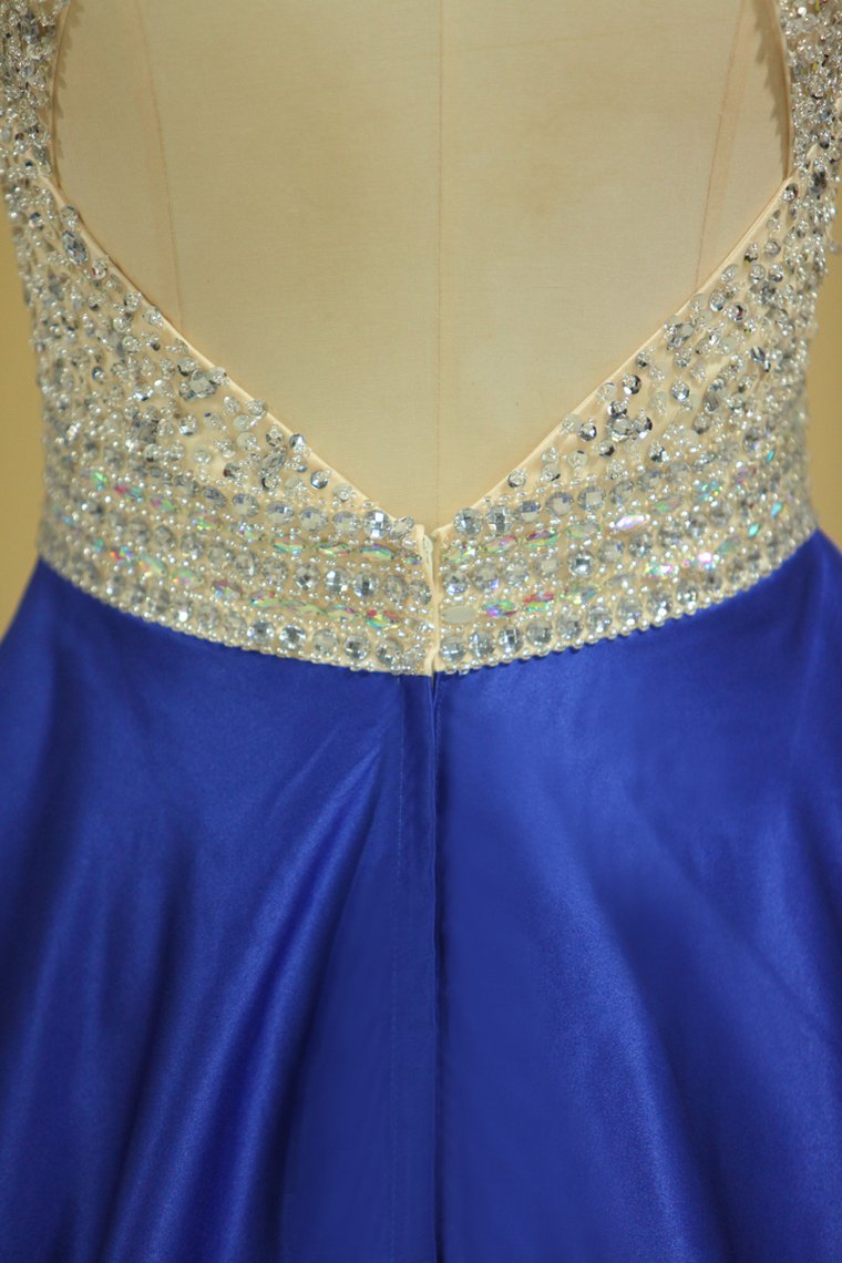 Royal Blue Scoop Open Back Beaded Bodice A Line Prom Dresses Satin & Tulle Plus Size