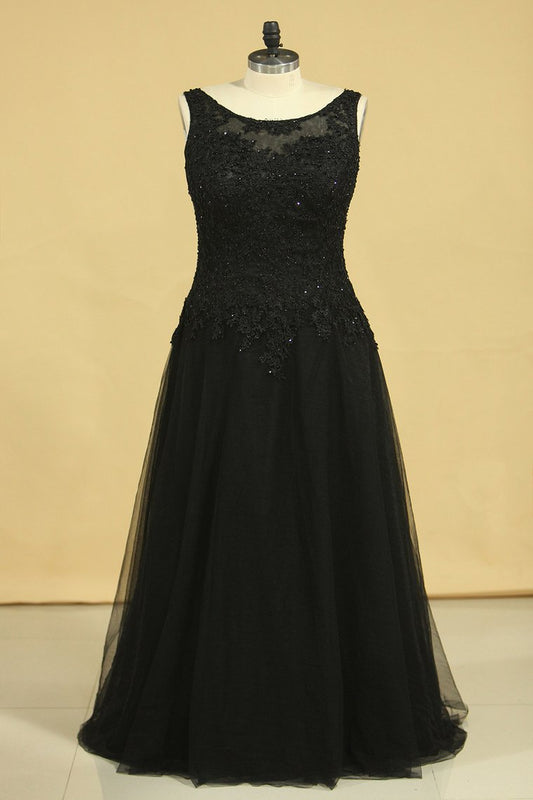 Plus Size Bateau Evening Dresses Tulle With Applique And Beads Floor Length