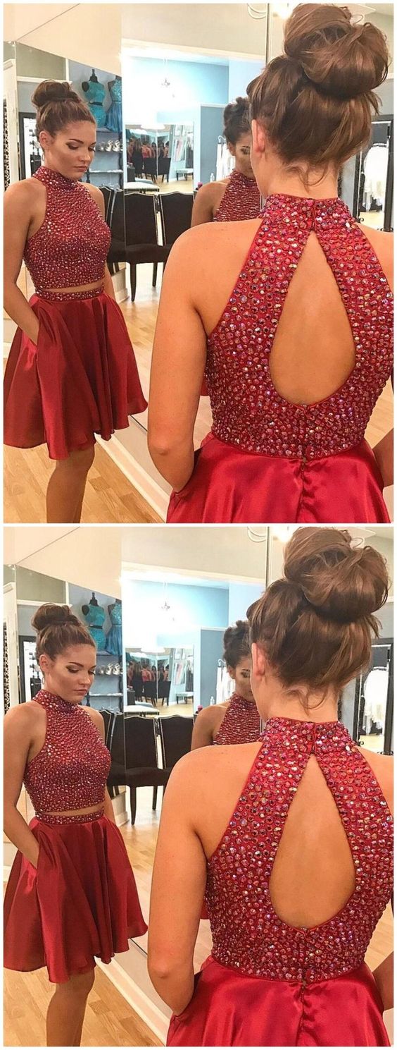 Sexy Two Piece Short Homecoming Dresses Mackenzie Rhinestone Cute Red CD1139