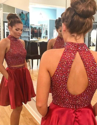 Sexy Two Piece Short Homecoming Dresses Mackenzie Rhinestone Cute Red CD1139