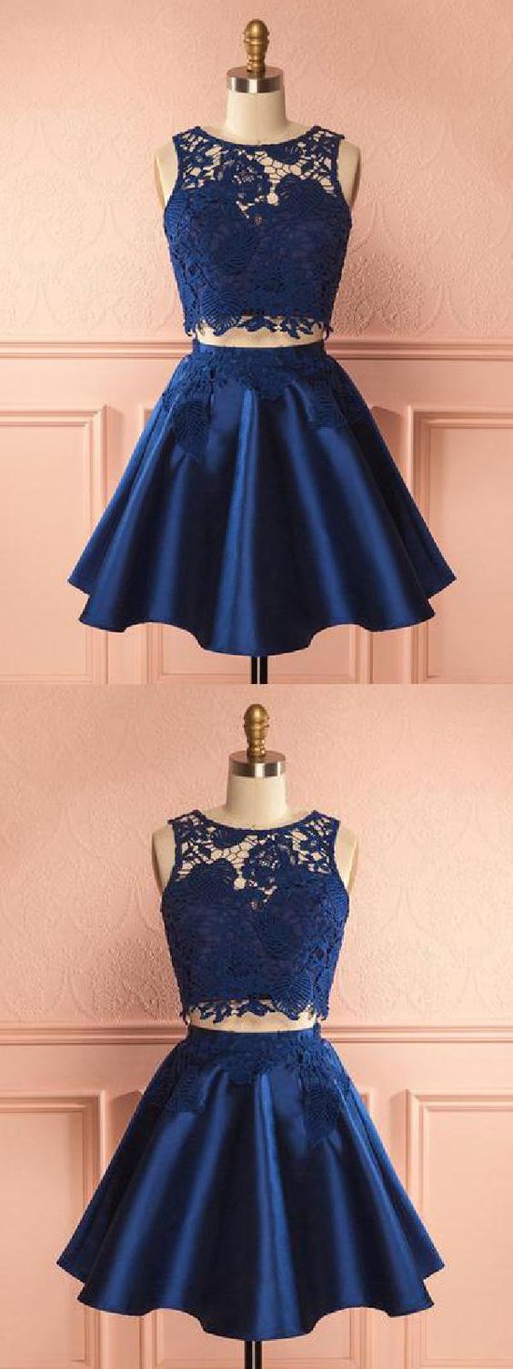 Navy Chic Dark Navy Party Two Pieces Tiara Satin Homecoming Dresses Dress CD120