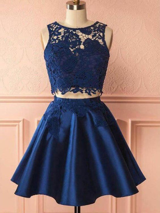 Navy Chic Dark Navy Party Two Pieces Tiara Satin Homecoming Dresses Dress CD120