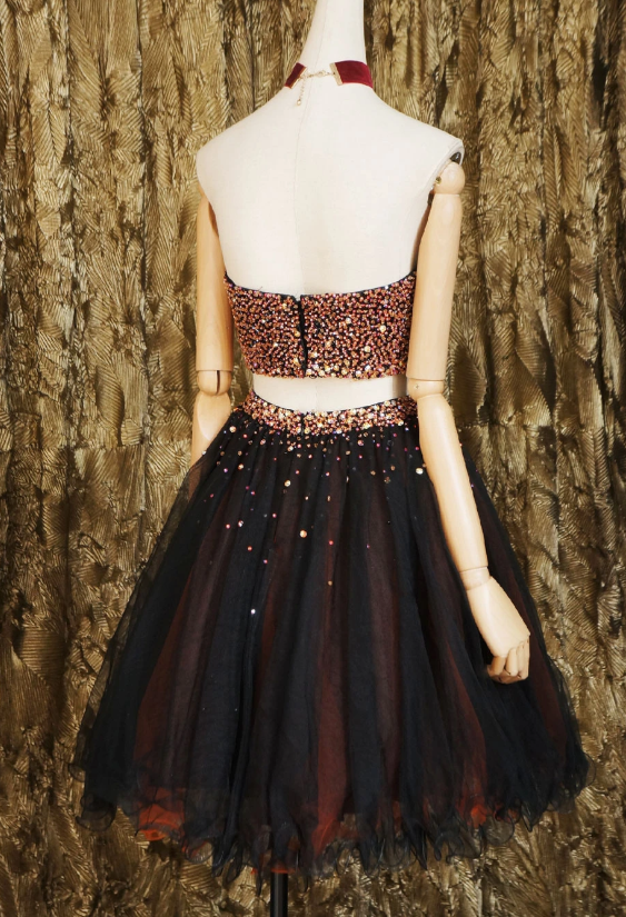 Homecoming Dresses Two Pieces Frederica Black Beads Tulle Short Black CD12694